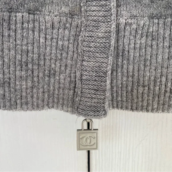 CHANEL 100% Wool Grey Zip Up Logo Sweater Jacket Small - Picture 4 of 10